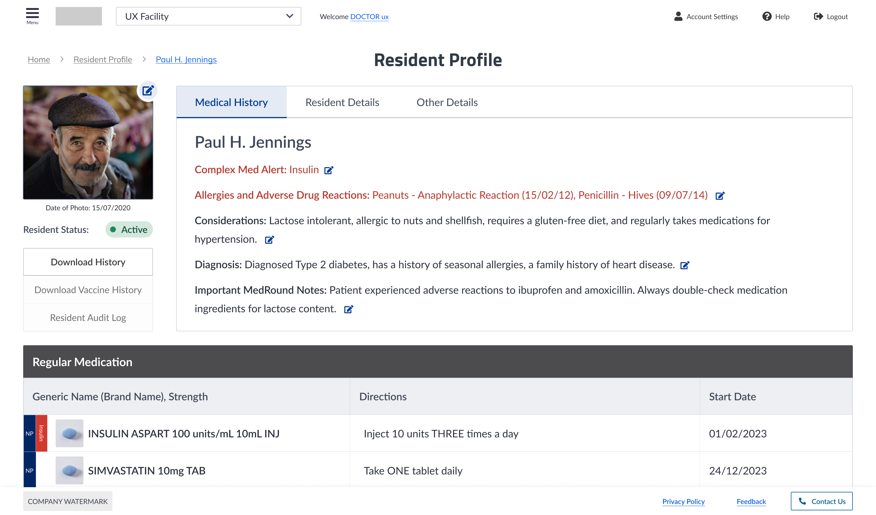 Resident profile interface showing medical history and regular medication for Paul H. Jennings, including photo, alert for insulin, allergies, considerations, diagnosis, notes, and medication details.