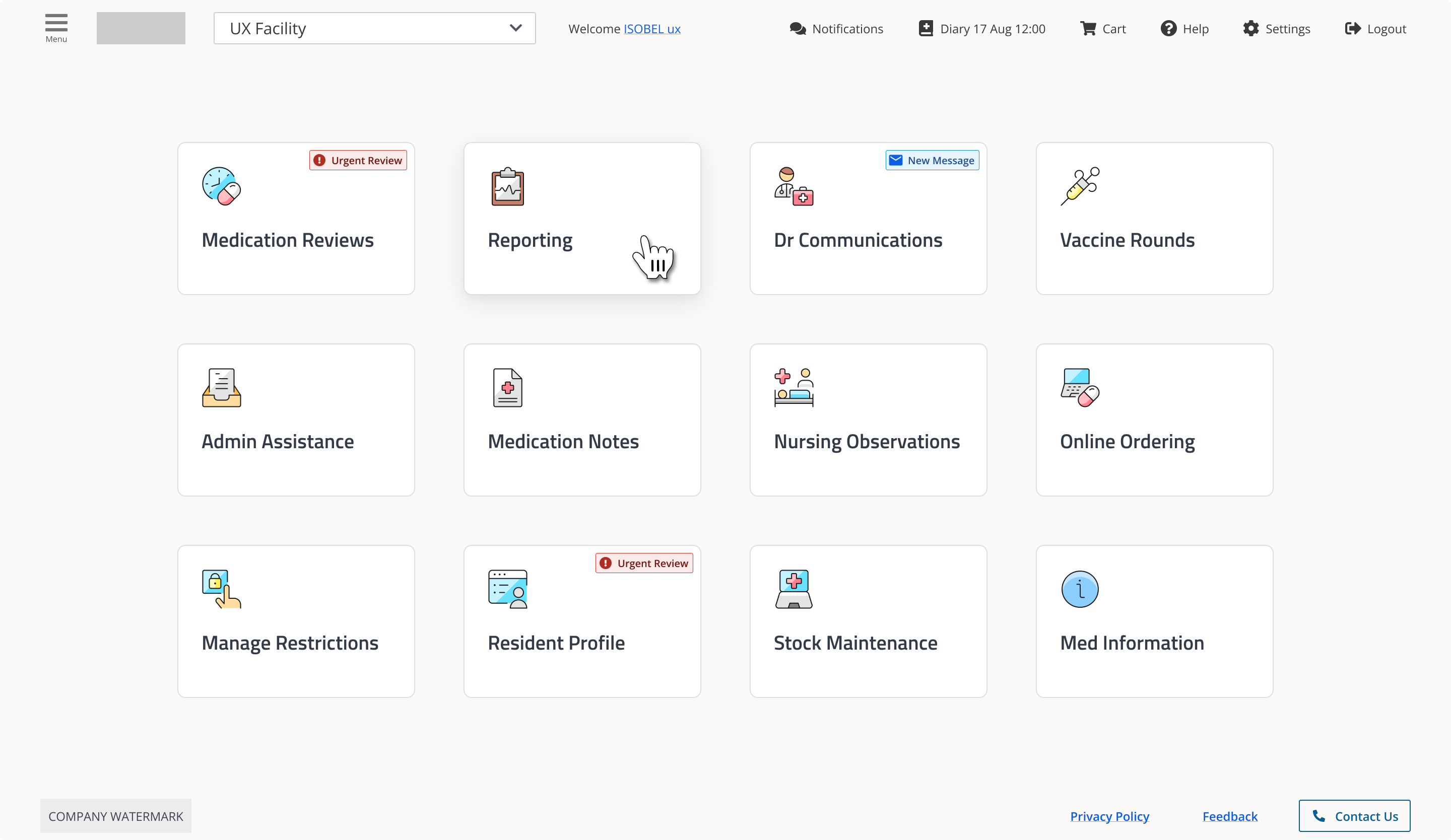 User interface dashboard showing menu options like Medication Reviews with urgent review alert, Reporting, Dr Communications with new message alert, Vaccine Rounds, Admin Assistance, Medication Notes, Nursing Observations, Online Ordering, Manage Restrictions, Resident Profile with urgent review alert, Stock Maintenance, and Med Information.