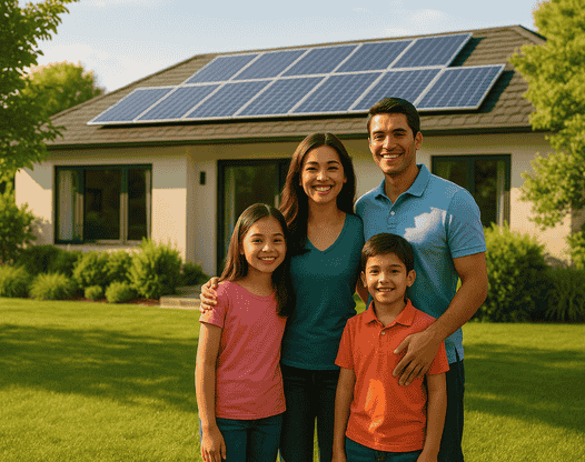 Smiling Indian family standing outside their home with solar panels on the roof
