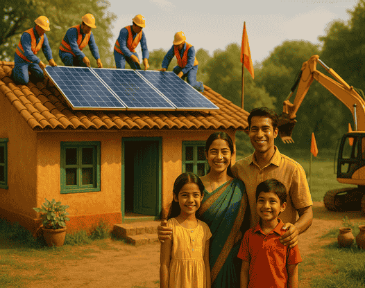 Smiling Indian family standing outside their home with solar panels on the roof
