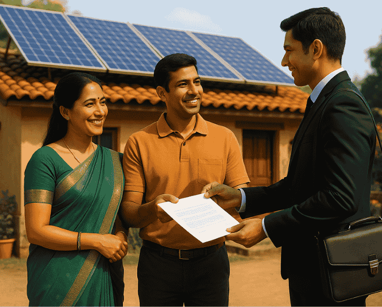 Smiling Indian family standing outside their home with solar panels on the roof

