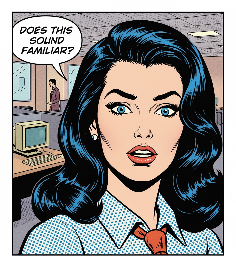 Does this sound familiar? A comic-style image of a woman in a business shirt and tie standing in a traditional office, looking concerned and asking, 