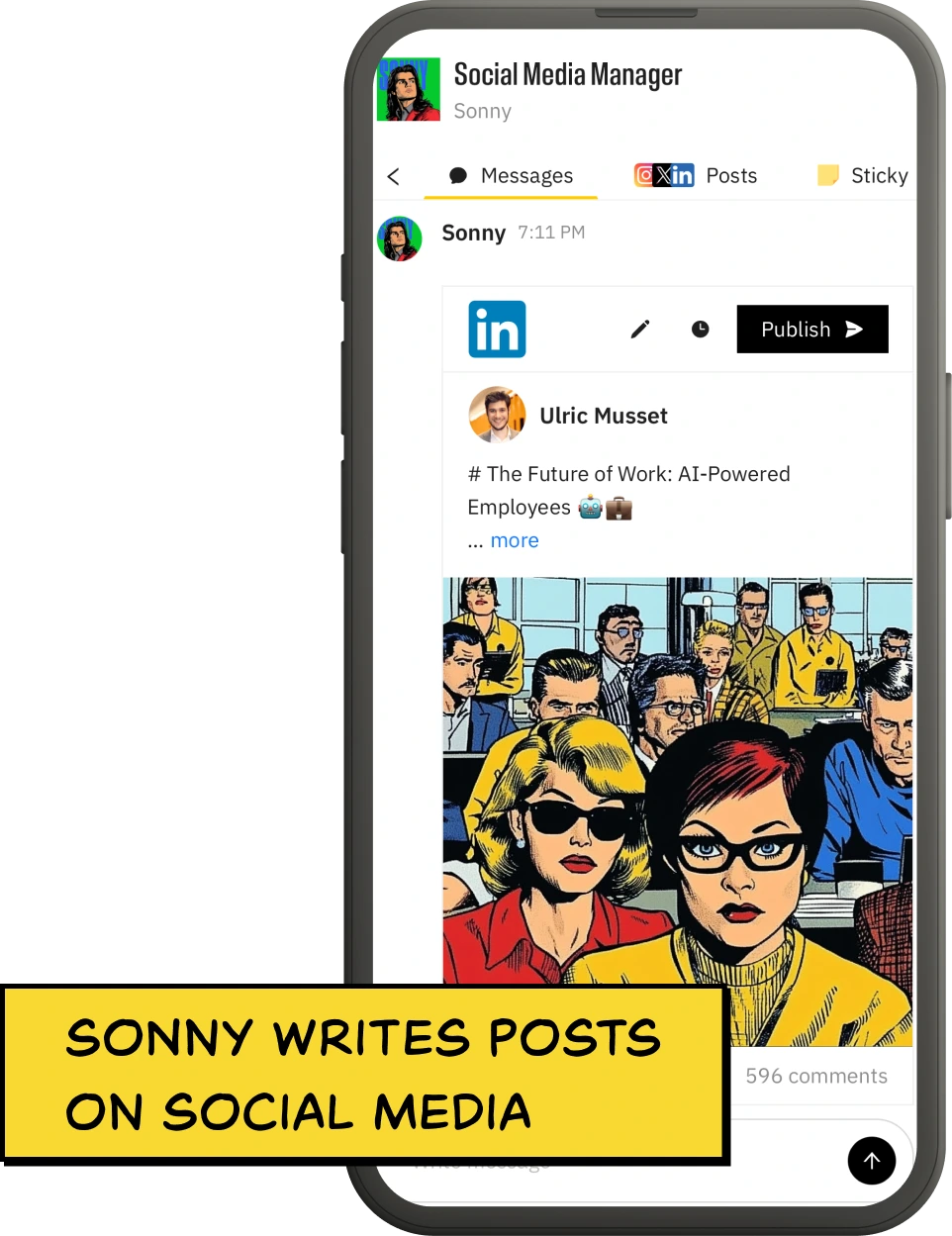Sonny writing social posts