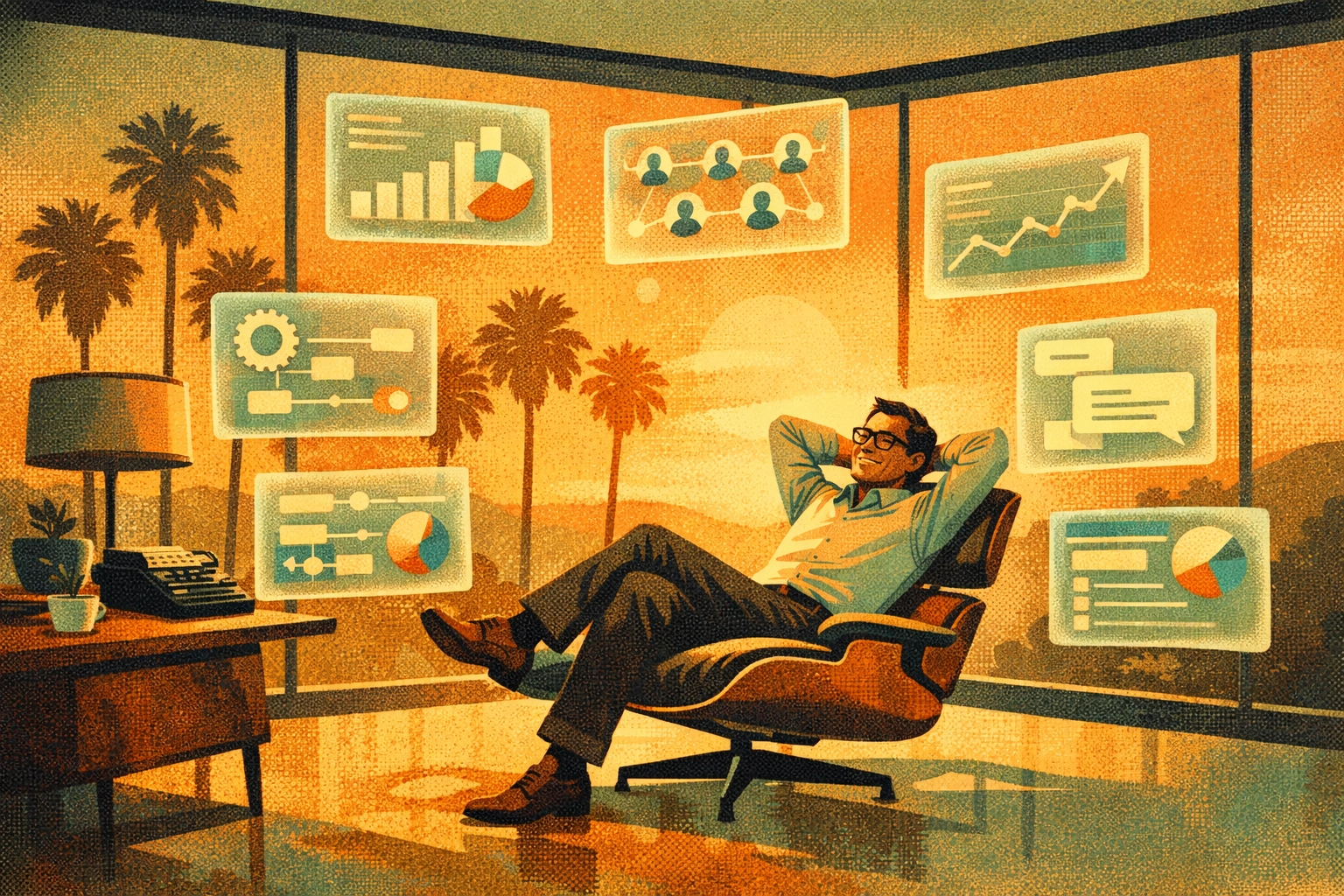 A founder relaxing in a modern office while an ai executive assistant and digital workforce manage operations.