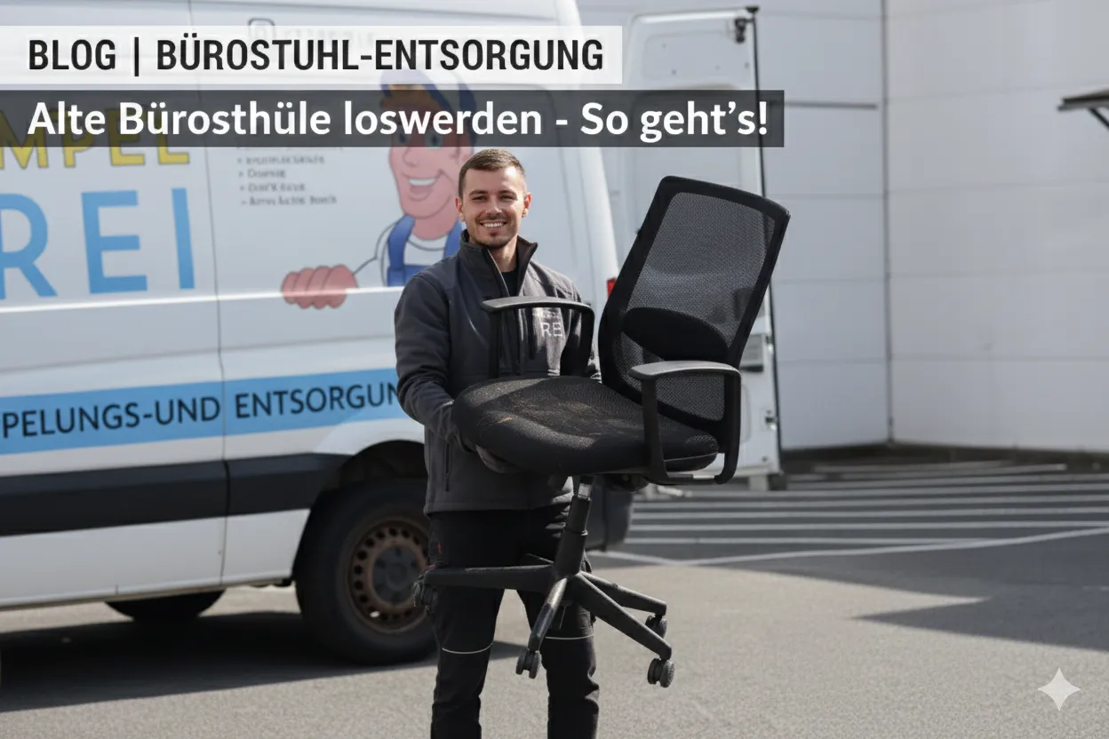 Entrümpler mit einem Bürostuhl in der Hand