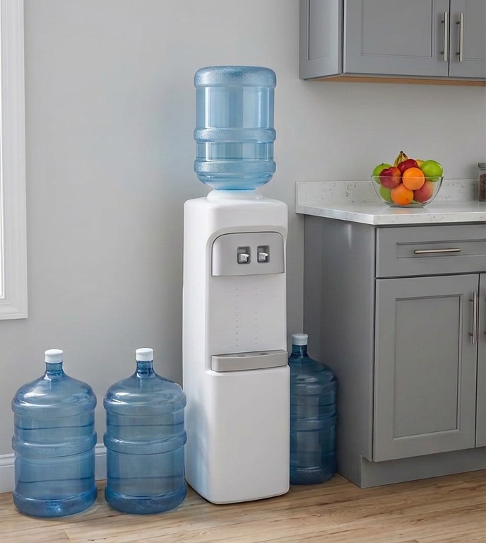 A floor-standing water dispenser with three large bottles taking up floor space in a kitchen