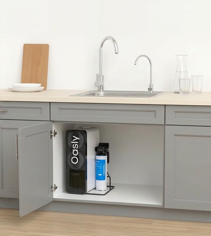 The compact Oasly reverse osmosis unit installed inside a kitchen cabinet under the sink