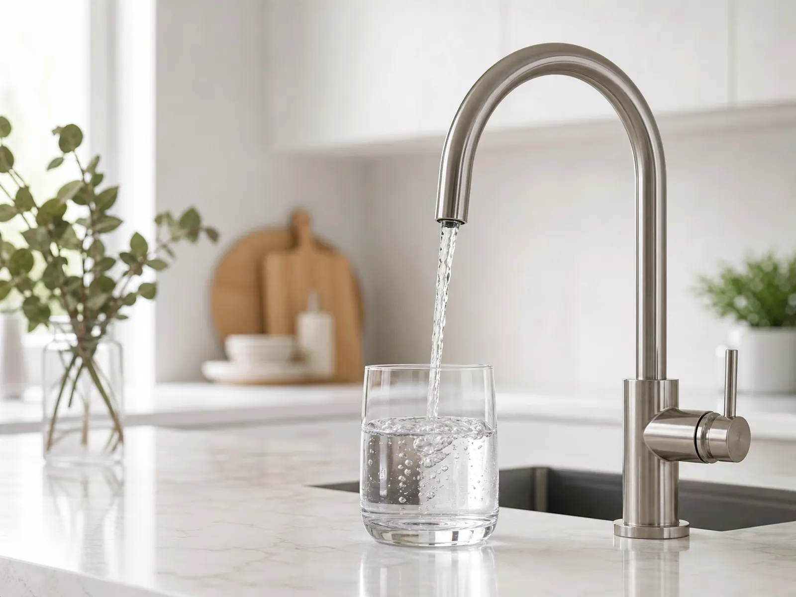 Filtered water pouring from a kitchen tap into a glass