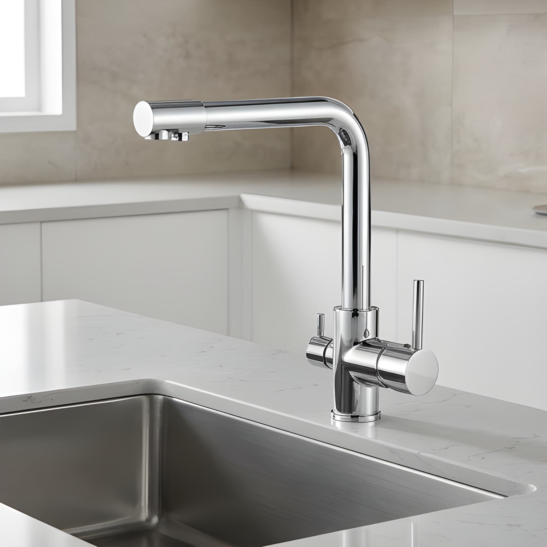Three-way faucet in chrome, delivering filtered and regular water from one tap