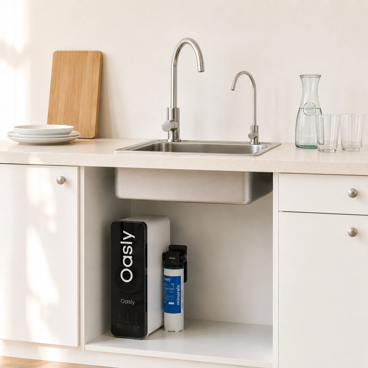 Oasly reverse osmosis unit and remineralization filter under a kitchen sink, with a separate filtered-water tap