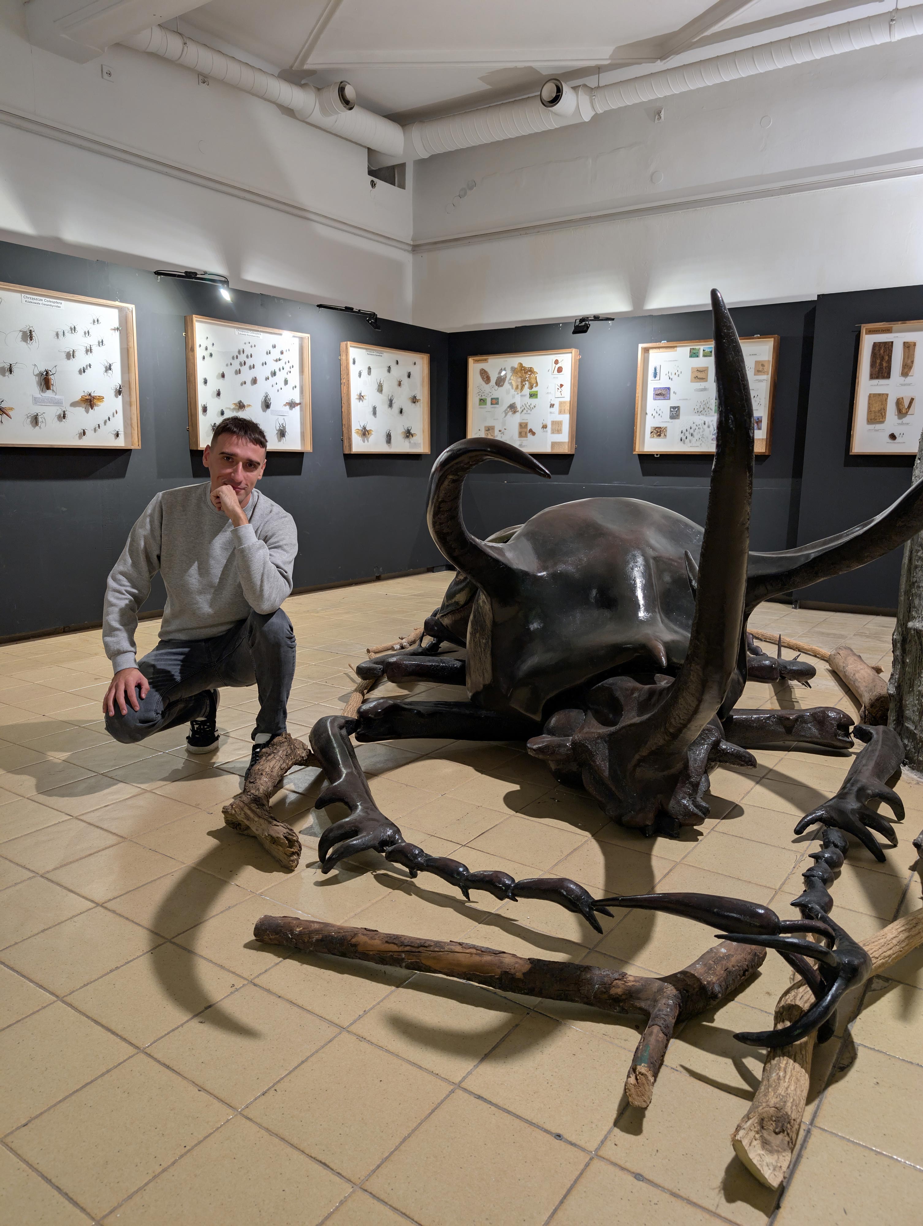 Man crouching next to a large insect sculpture with long curved horns inside a gallery with insect display cases on the walls.