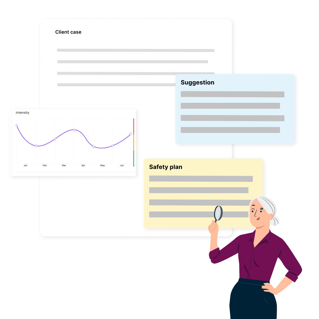 Illustration of a woman holding a magnifying glass looking at a document titled 'Client case' with sections for 'Suggestion' and 'Safety plan' plus a line graph labeled 'Intensity' showing monthly fluctuations.