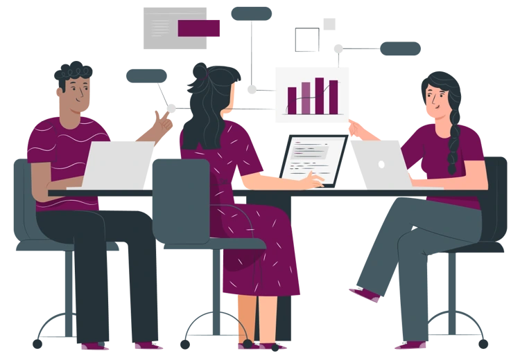 Three people sitting at a table with laptops and tablet, discussing data charts and graphs displayed in the air.