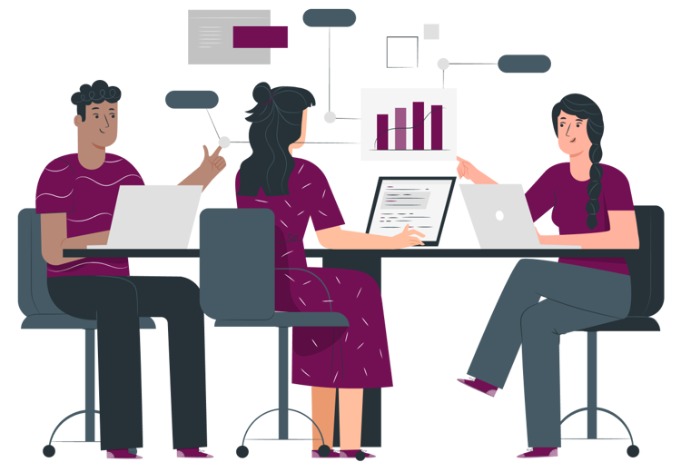 Three people sitting at a table with laptops and tablet, discussing data charts and graphs displayed in the air.