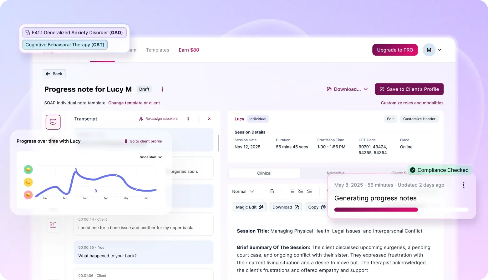 AI-generated therapy progress note dashboard by Mentalyc