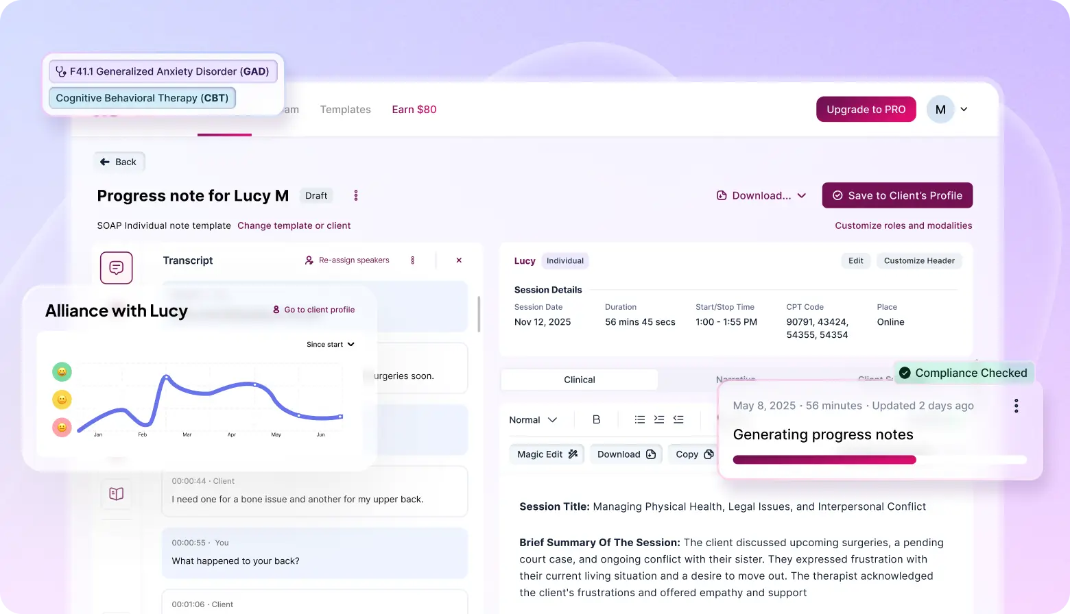 Mentalyc dashboard showing a therapist’s progress note for a client named Lucy. The interface displays diagnosis tags, a transcript section, alliance tracking graph, session details, clinical note editor, compliance status, and a progress-note generation bar.