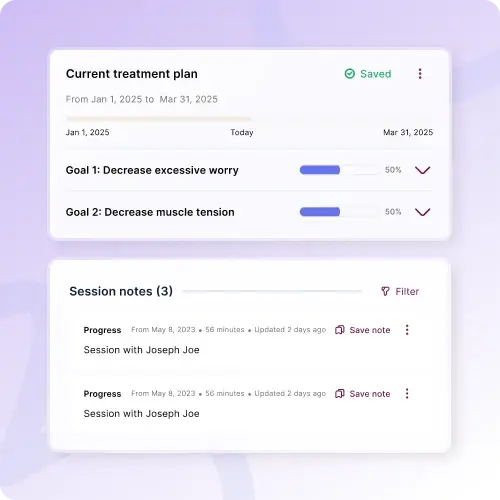 Mentalyc treatment plan with therapy goals and session notes