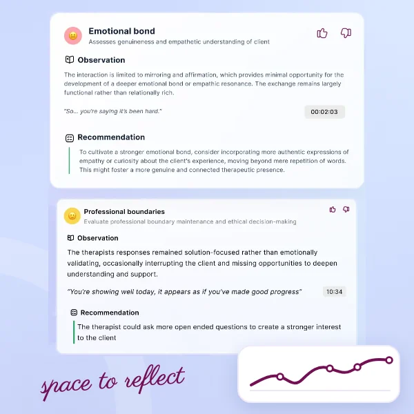 Alliance Genie feedback report with observations and timestamped session quotes, a handwritten note reading space to reflect, and a trend line tracking the alliance over time