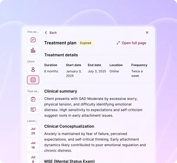 Mentalyc treatment plan with clinical summary and goals