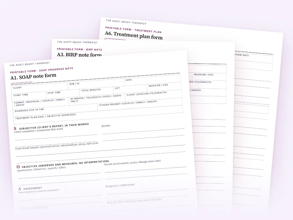 Printable therapy note forms: SOAP, BIRP and treatment plan