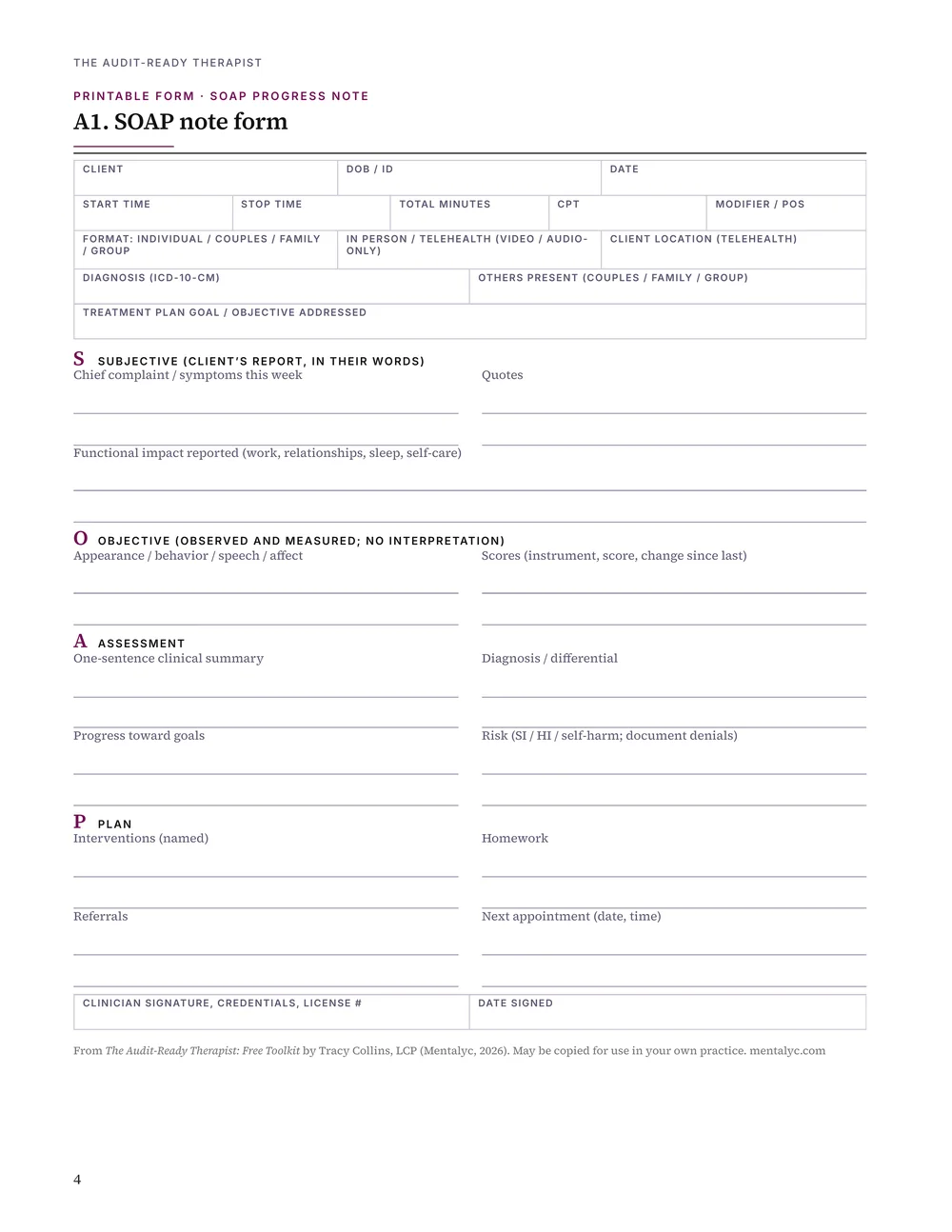 Toolkit page 4: A1 SOAP note form