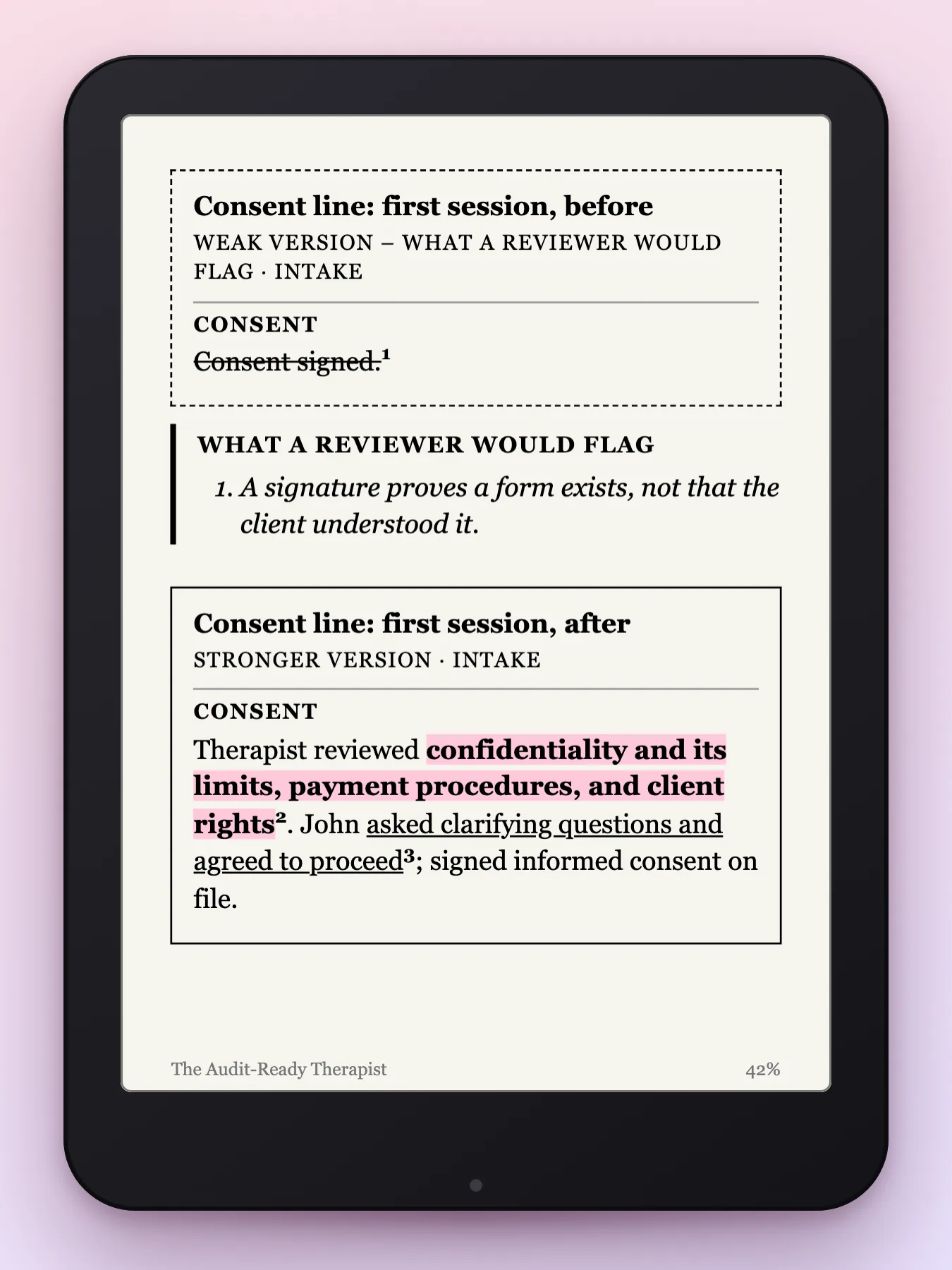 Kindle page from the book: a weak consent note and a stronger version, with what a reviewer would flag