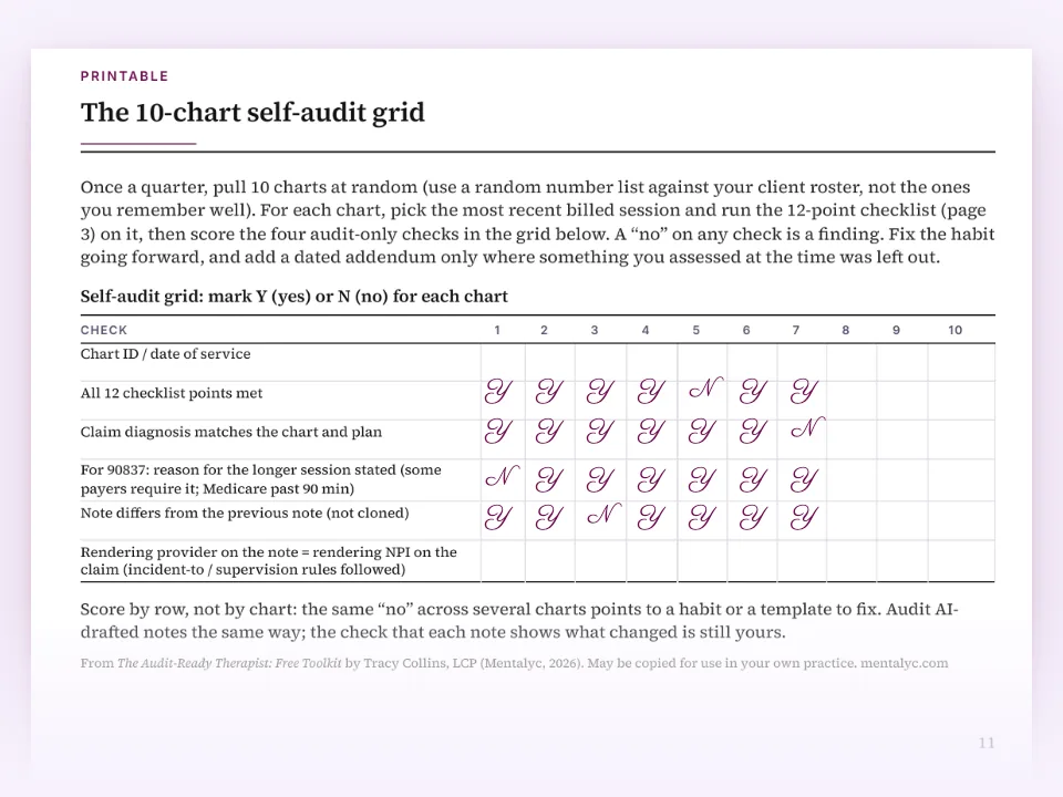 10-chart self-audit grid with Y and N columns, illustrative example
