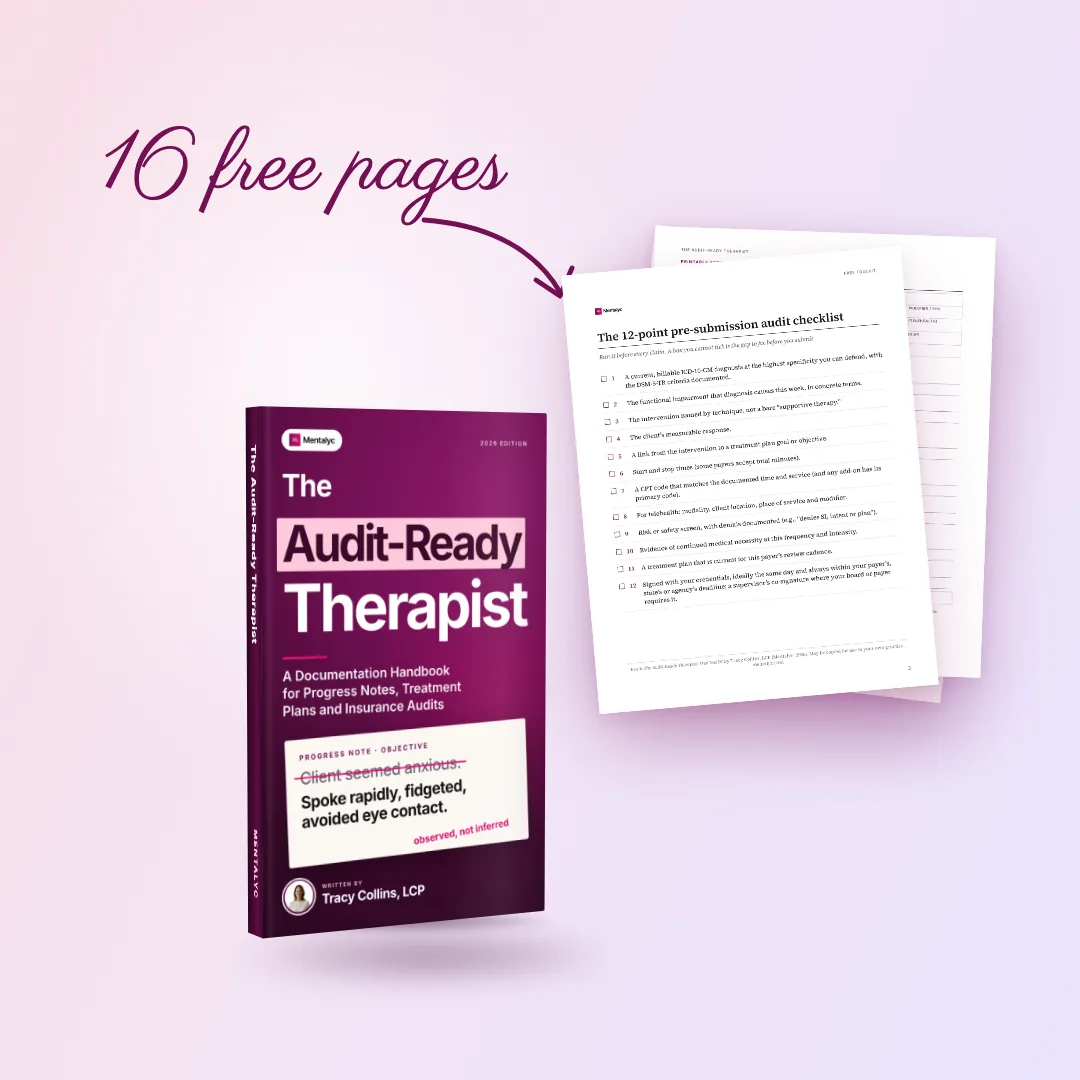 The Audit-Ready Therapist Kindle ebook beside printed toolkit pages: therapy documentation checklist, SOAP note form and CPT quick reference