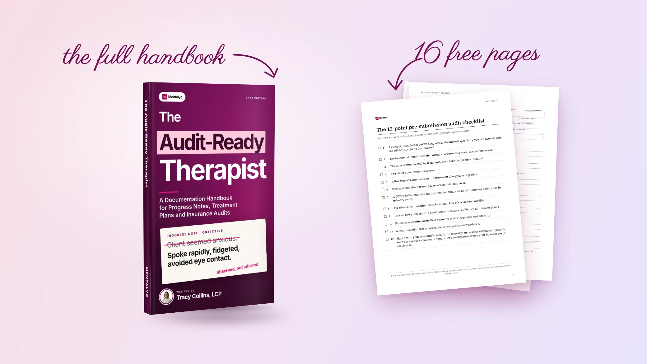 The Audit-Ready Therapist Kindle ebook beside printed toolkit pages: therapy documentation checklist, SOAP note form and CPT quick reference