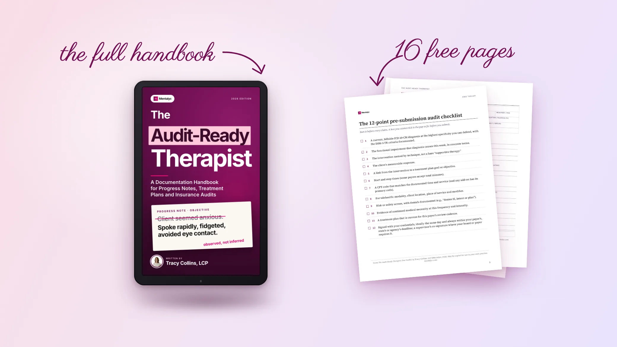 The Audit-Ready Therapist on a Kindle style tablet beside printable toolkit pages: the 12-point therapy documentation checklist