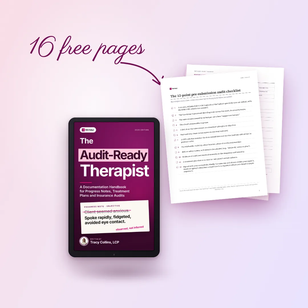 The Audit-Ready Therapist on a Kindle style tablet beside printable toolkit pages: the 12-point therapy documentation checklist