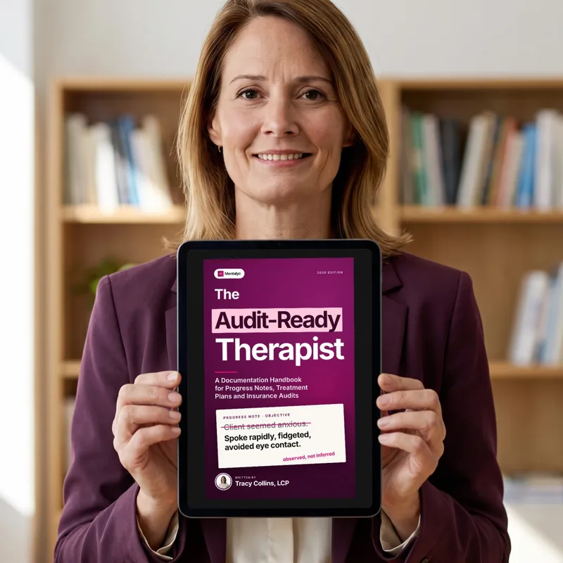 Tracy Collins, LCP, holding a tablet that shows the cover of her Kindle ebook The Audit-Ready Therapist