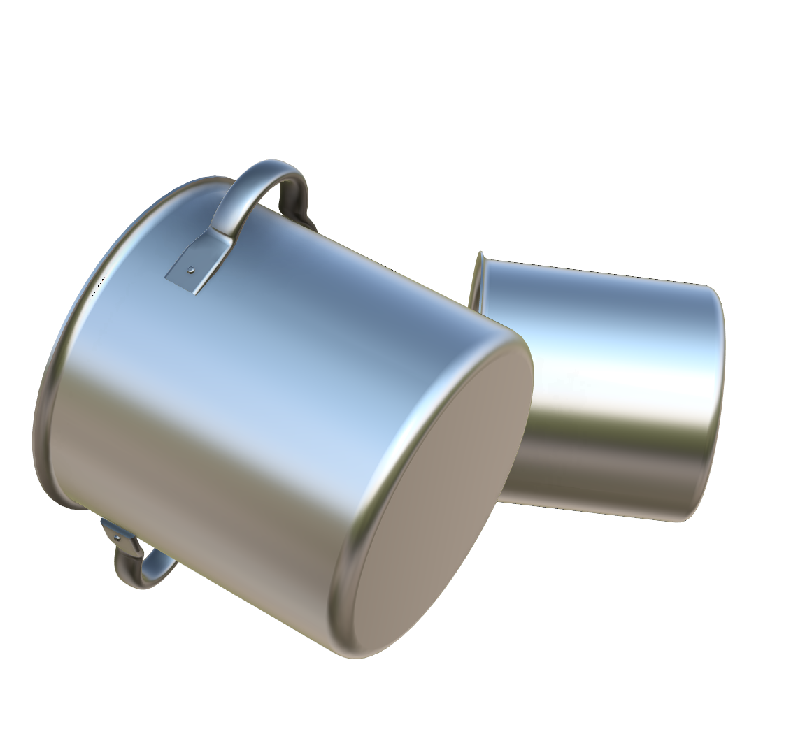 Two empty stainless steel cylindrical pots tilted and reflecting light on a gray surface.