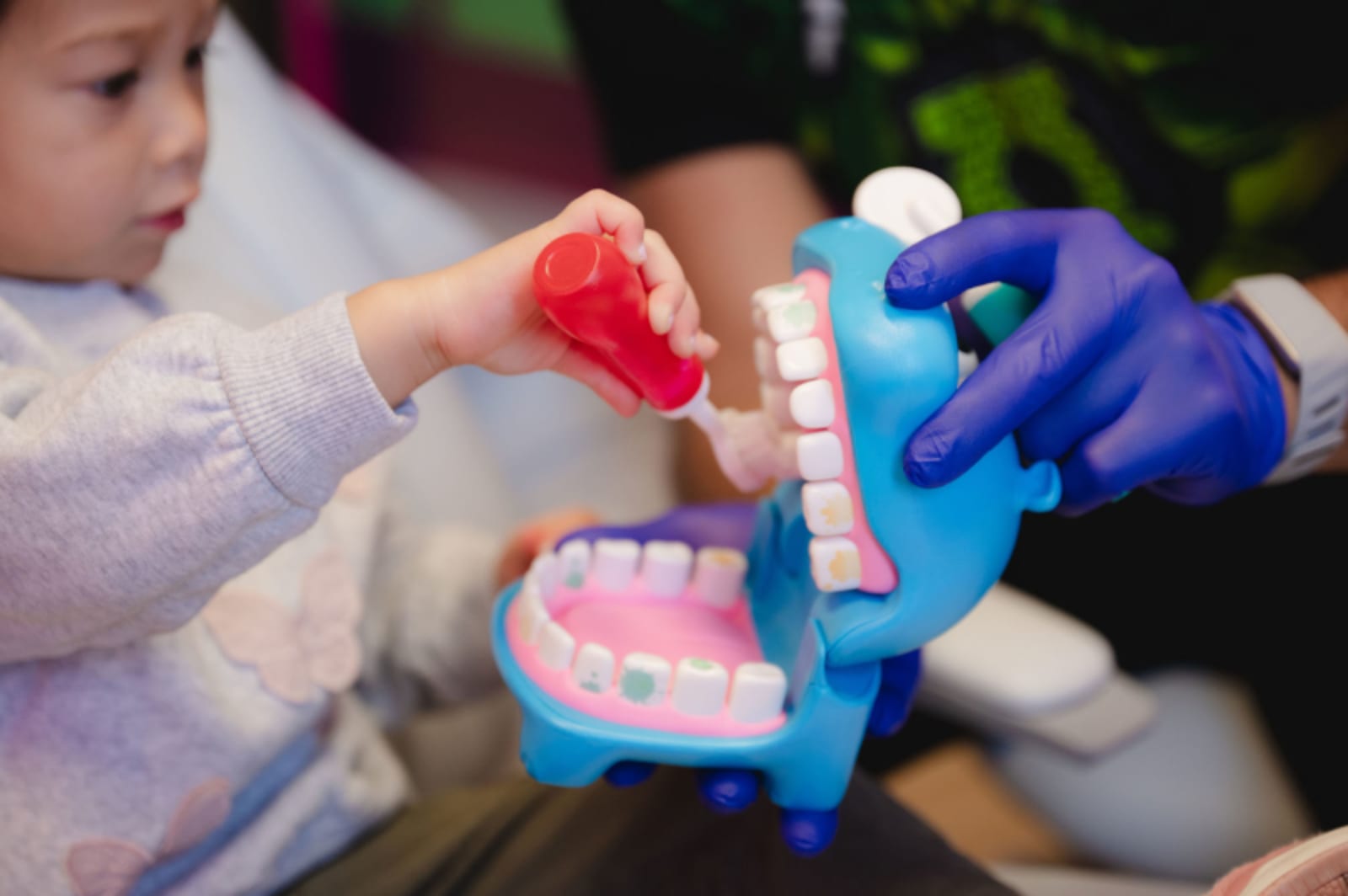 Child holding a dental model showing teeth structure during a treatment demonstration