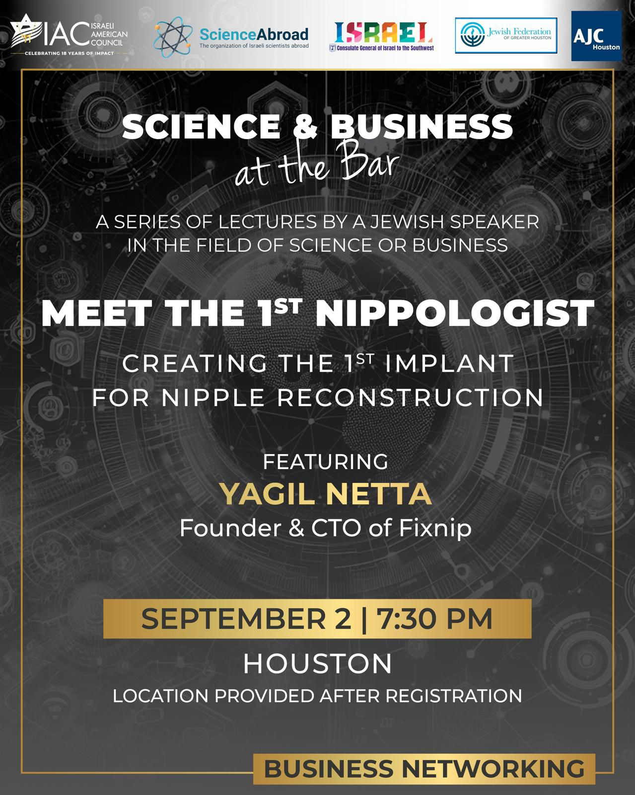 Science & Business at the Bar lecture featuring Yagil Netta on September 2 at 7:30 PM in Houston