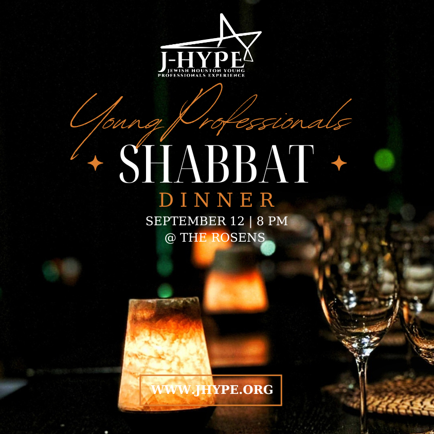 J-HYPE Young Professionals Shabbat Dinner flyer for September 12 at 8 PM with candles and wine glasses