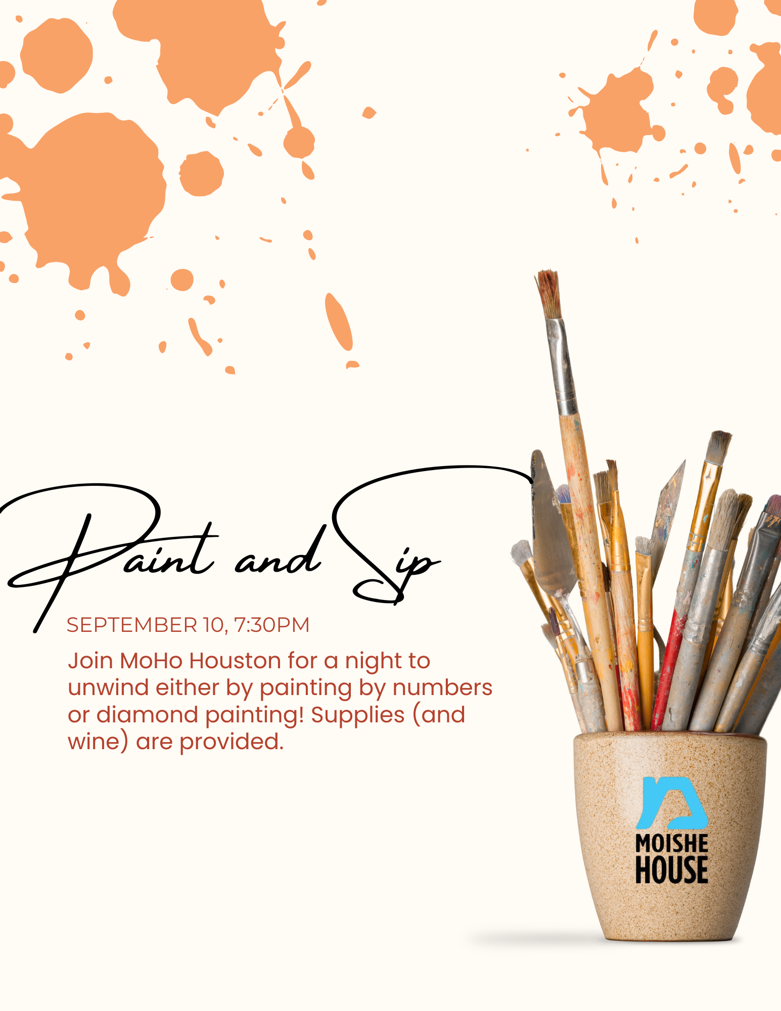 Paint and Sip flyer for Moishe House on September 10 at 7:30 PM with paintbrushes and art supplies