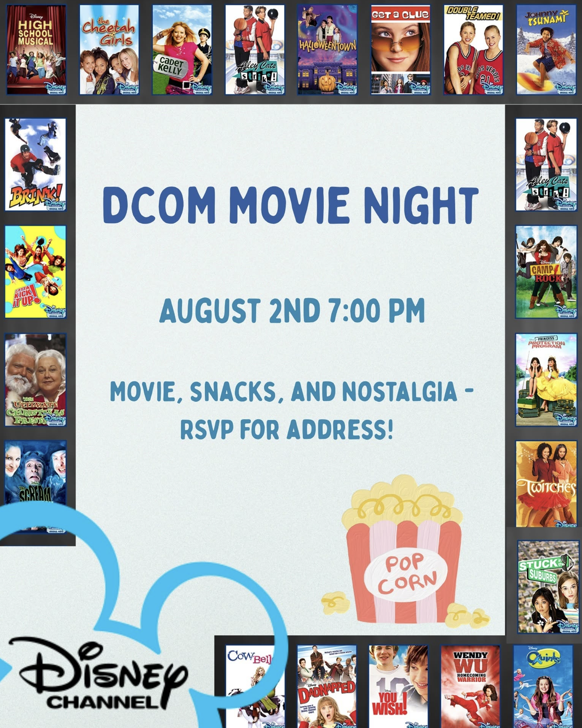 DCOM Movie Night flyer with Disney Channel original movies, August 2 at 7pm, snacks and nostalgia