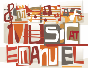 Colorful collage-style Music at Emanu El logo with scattered musical notes