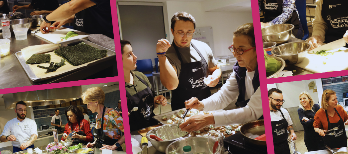 Collage of cooks in aprons preparing food together in a teaching kitchen