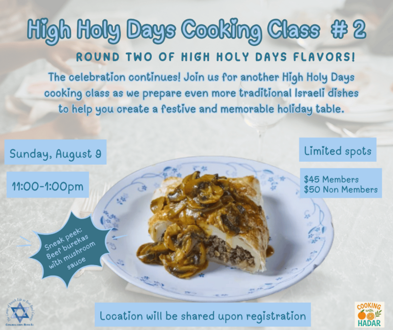 High Holy Days cooking class flyer featuring a plate of beef burekas topped with mushroom sauce