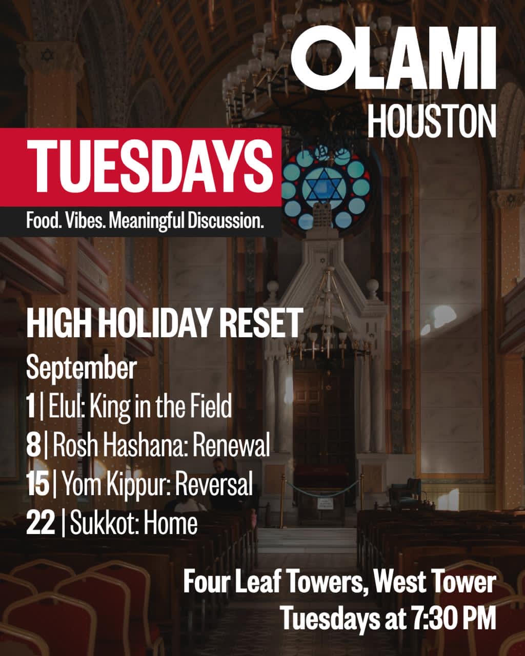 OLAMI Houston Tuesdays flyer for High Holiday Reset series, Sept 1–22, at Four Leaf Towers West Tower, 7:30 PM.