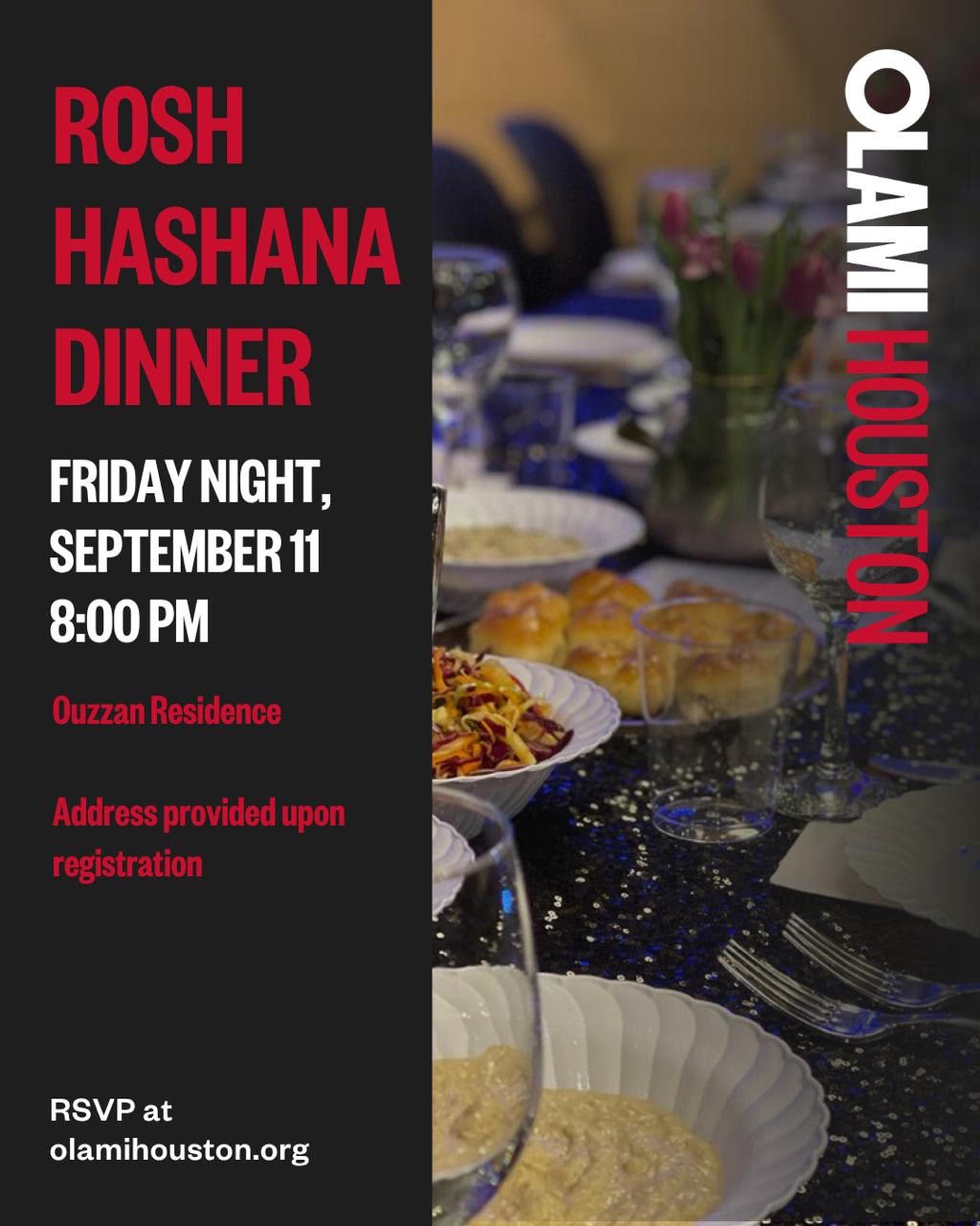 OLAMI Houston Rosh Hashana Dinner event flyer: Friday Night, September 11, 8PM. Address provided upon RSVP.
