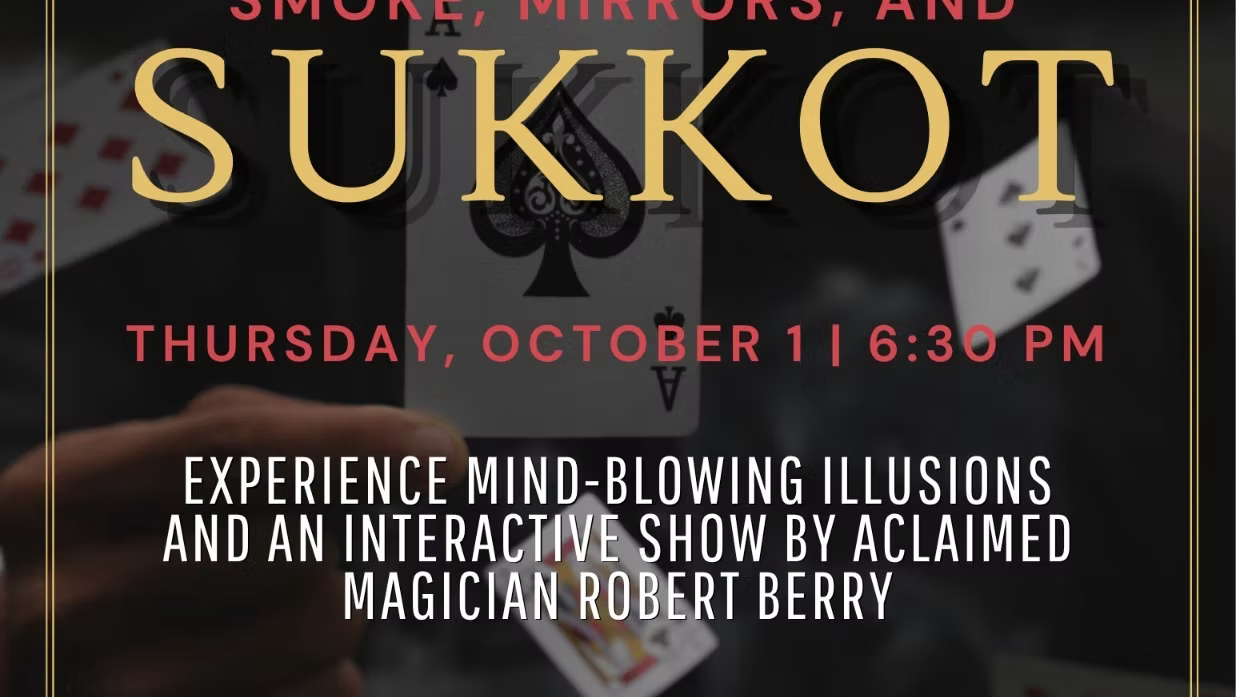 "Smoke, Mirrors, and Sukkot" event flyer by OLAMI Houston, YJP and YAD: magician Robert Berry's interactive illusion show, Thursday, October 1, 6:30 PM.