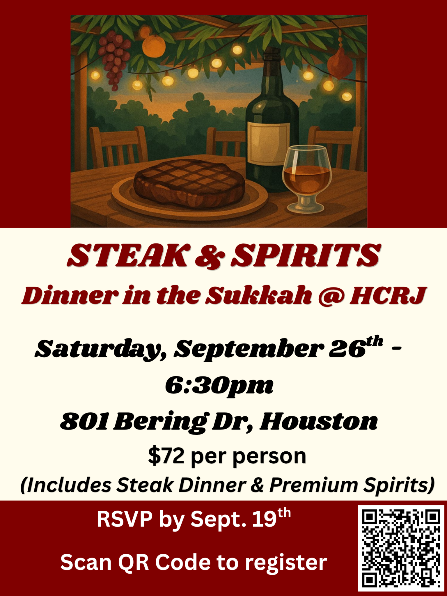 Flier for Steak & Spirits in a sukkah. 