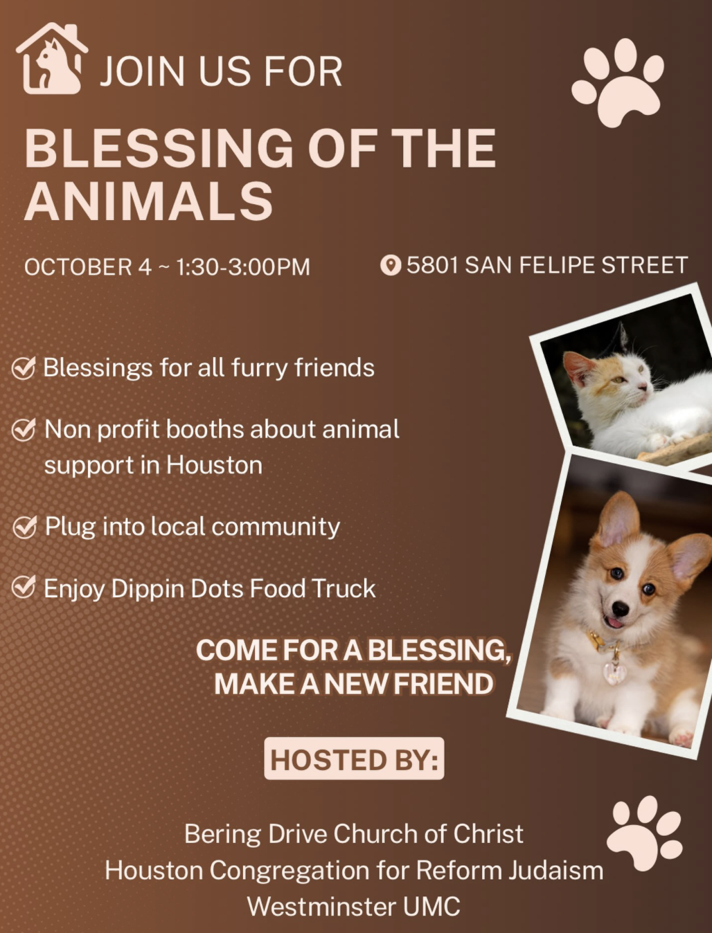 Flier with a kitten and puppy for the blessing of animals by HCRJ, Westminster UMC, and Bering Drive Church of Christ on Oct. 4, 2026, 1:30-3pm.