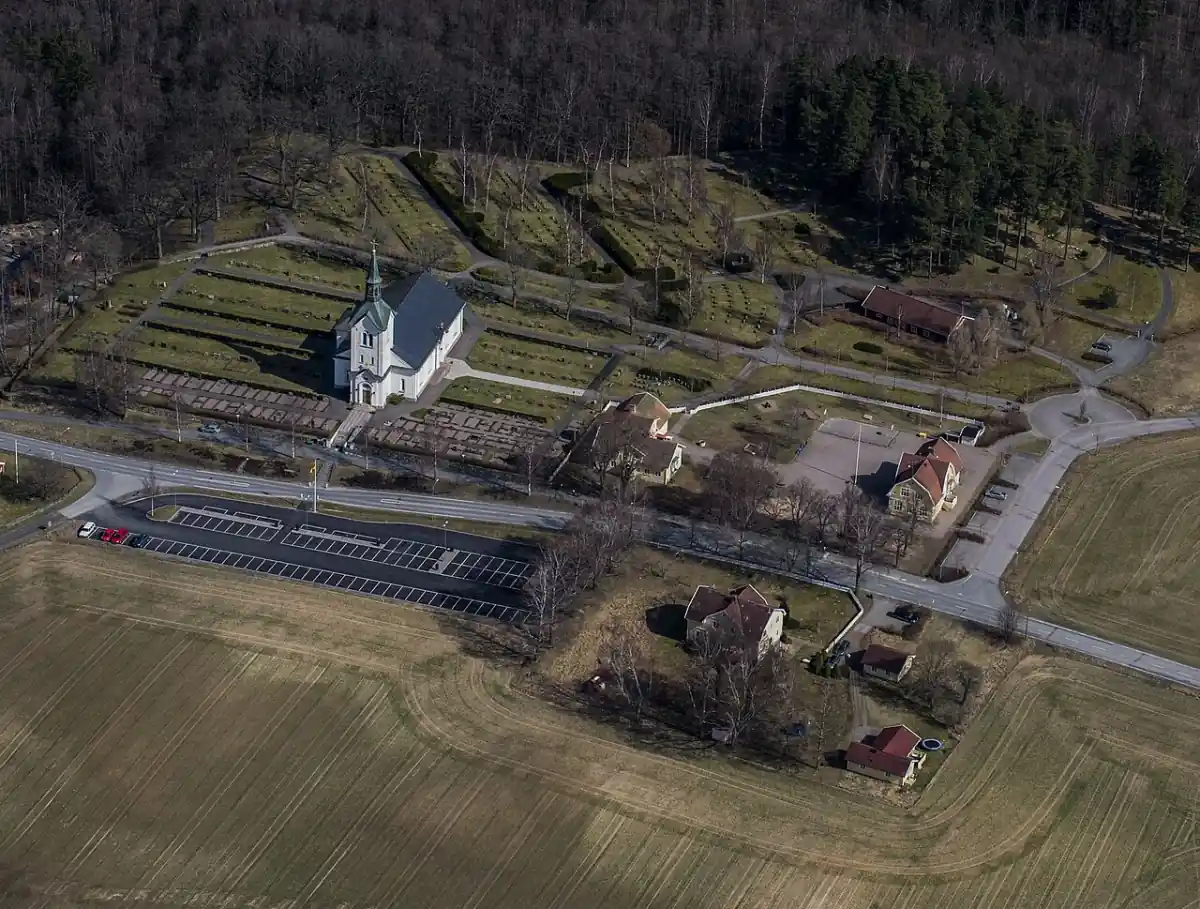 Flygvy över Bankeryd med kyrka och jordbruksmark