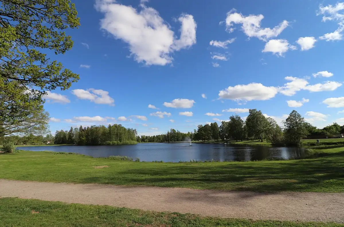 Sjöpark i Emmaboda med gräsyta och träd