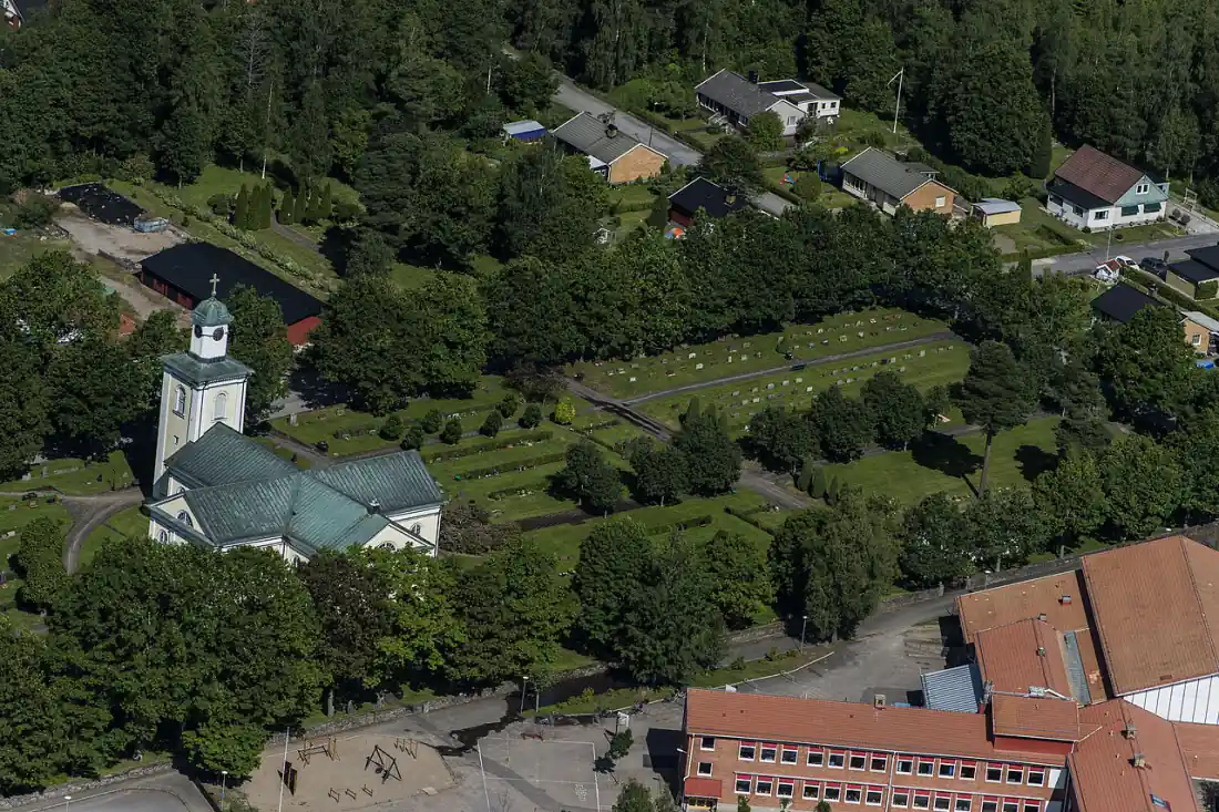 Flygvy över Hovmantorp med kyrka och grönska