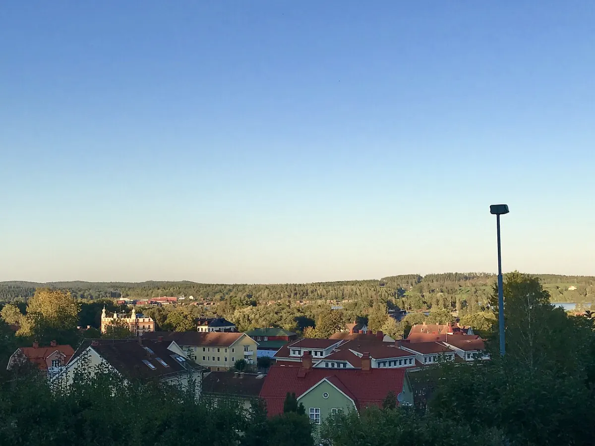 Utsikt över Kisa med takåsar och tätort